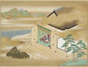 Tosa Mitsuoki 土佐光起 - Landscape with Murasaki Shikibu writing at Ishiyamadera