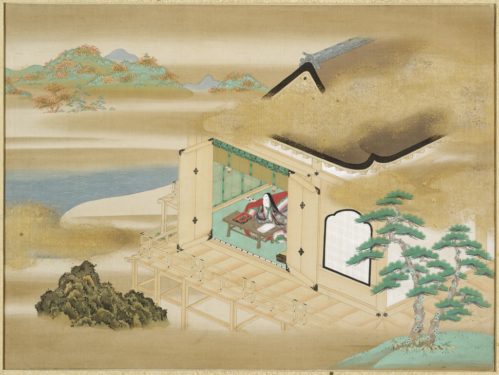 Tosa Mitsuoki 土佐光起 - Landscape with Murasaki Shikibu writing at Ishiyamadera