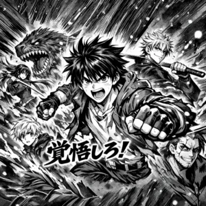Illustration manga shonen avec personnages en action
