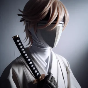 Cosplay costume of a masked warrior holding a katana.