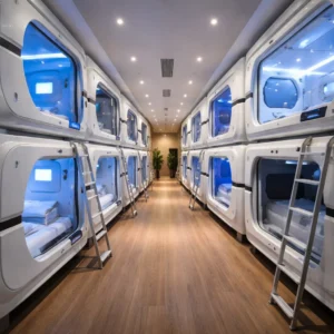 Row of modern capsules in a capsule hotel