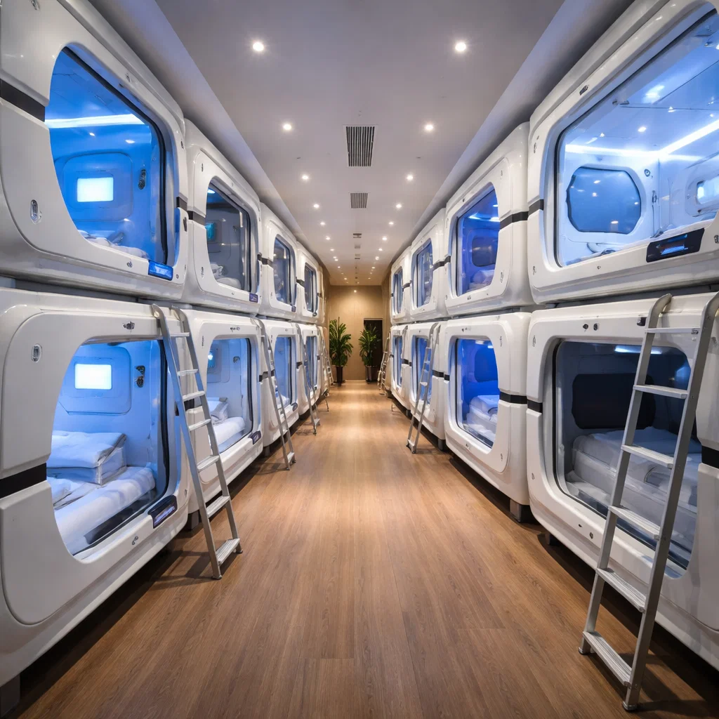 Row of modern capsules in a capsule hotel