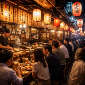 Izakaya animé à Tokyo avec clients et lanternes rouges