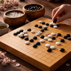 Gioco del go giapponese con pietre nere e bianche su tavola di legno