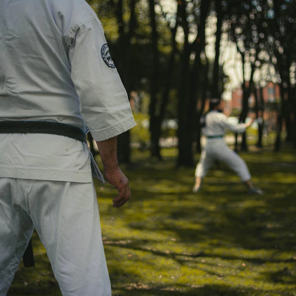 Práctica de karate en el parque, atuendo tradicional