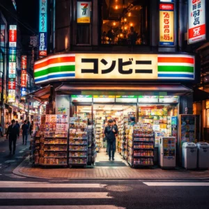 Japanese convenience store at night with bright signage