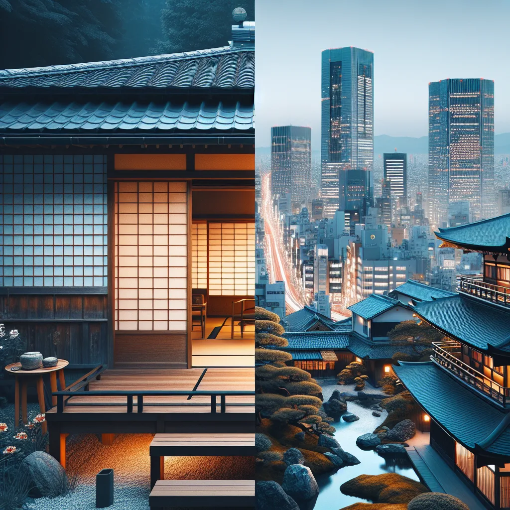 Traditional Kyoto house beside Tokyo's modern skyline.