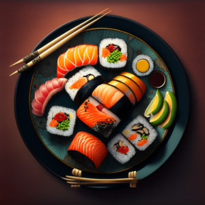 a plate of Japanese sushi, nigiri, maki, sashimi sushi