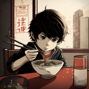 un ragazzo giapponese mangia da una ciotola con le bacchette giapponesi