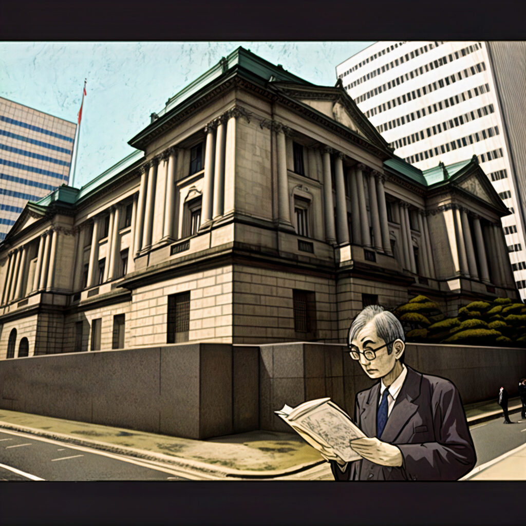 a man in front of the national bank of japan