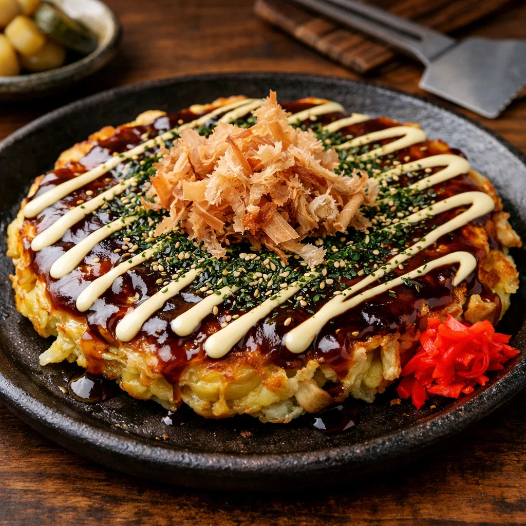 Okonomiyaki topped with mayonnaise, sauce, and bonito flakes