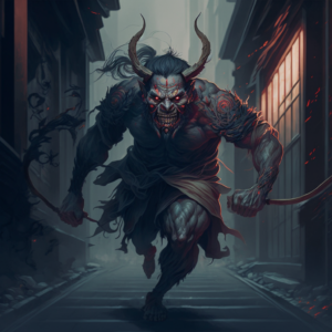 Japanese Oni demon running in the streets of Kyoto