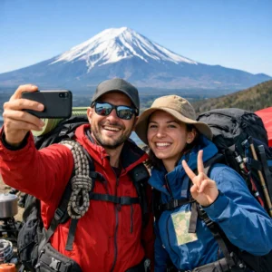 Two smiling hikers in front of snow-capped Mount Fuji