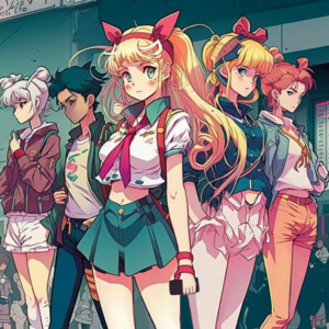 Manga-Shojo-Mädchengruppe auf der Straße