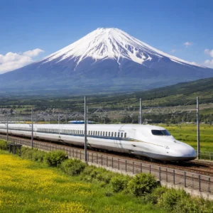Shinkansen train passing by Mount Fuji on a sunny day